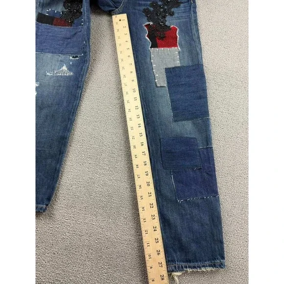 Lauren Ralph Lauren Jeans Women 00 Relaxed Taper Patchwork Blue Plaid Lace Denim